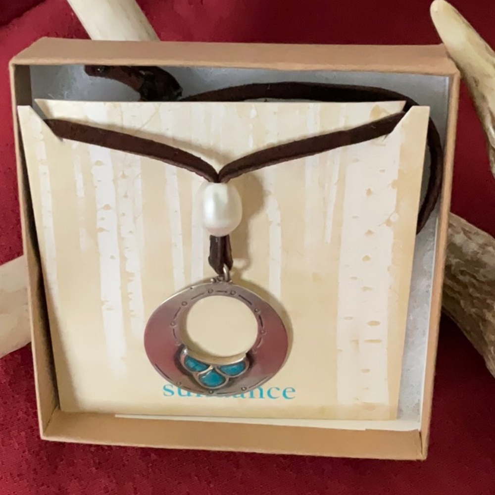 Sundance Catalog leather necklace with SS and turquoise amulet.  New with box.